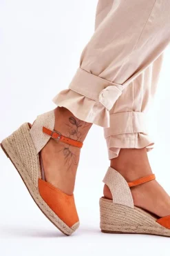 Hot Boto Zamszowe Sandałki Espadryle Na Koturnie Pomarańczowe Cammer