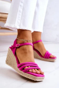 Boto Sandały Na Koturnie*Zamszowe Sandałki Na Koturnie Różowe Louisiana