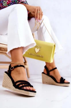 Damskie Boto Zamszowe Sandałki Na Koturnie Czarne Louisiana