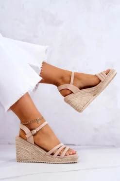 Boto Sandały Na Koturnie*Zamszowe Sandałki Na Koturnie Beżowe Louisiana