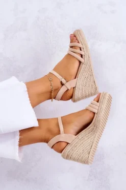 Boto Sandały Na Koturnie*Zamszowe Sandałki Na Koturnie Beżowe Louisiana