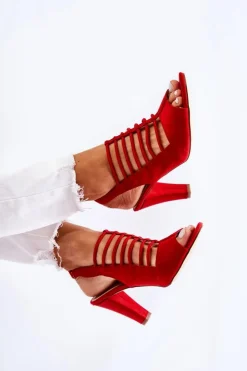 Damskie buty S.Barski Sandały Na Obcasie*Zamszowe Sandałki Na Obcasie Czerwone Vinnie