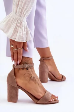 Damskie Boto Zamszowe Sandałki Na Obcasie Ciemnobeżowe Madame