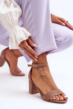 Damskie Boto Zamszowe Sandałki Na Obcasie Ciemnobeżowe Madame