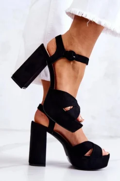 Damskie Boto Zamszowe Sandałki Na Obcasie Czarne Semilla