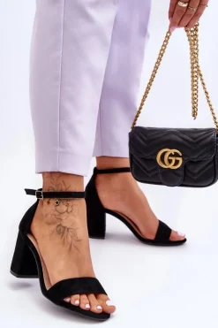 Damskie Boto Zamszowe Sandałki Na Obcasie Czarne Madame