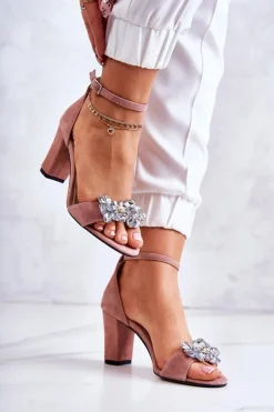 Damskie Boto Zamszowe Sandałki Na Słupku Z Ozdobą Różowe Milessa