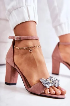 Damskie Boto Zamszowe Sandałki Na Słupku Z Ozdobą Różowe Milessa