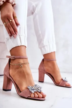 Damskie Boto Zamszowe Sandałki Na Słupku Z Ozdobą Różowe Milessa