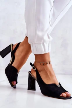 Damskie Damskie buty S.Barski Zamszowe Sandałki Na Słupku Czarne Fiorine