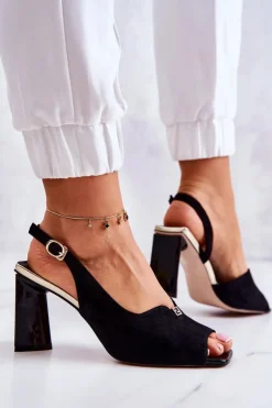 Damskie Damskie buty S.Barski Zamszowe Sandałki Na Słupku Czarne Fiorine