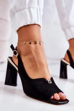 Damskie Damskie buty S.Barski Zamszowe Sandałki Na Słupku Czarne Fiorine