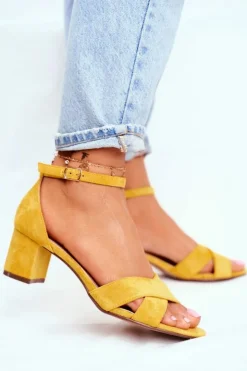 Damskie Boto Zamszowe Sandałki na Słupku Żółte Nela