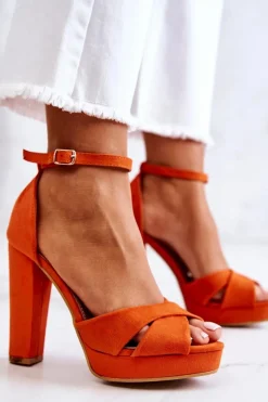 Damskie Boto Zamszowe Sandałki Na Słupku Pomarańczowe Lanelle