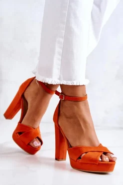 Damskie Boto Zamszowe Sandałki Na Słupku Pomarańczowe Lanelle