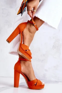 Damskie Boto Zamszowe Sandałki Na Słupku Pomarańczowe Lanelle