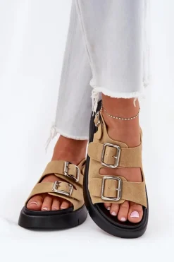 Damskie Big Star Shoes Zamszowe Sandały Damskie Z Klamrami Big Star RR274665 Beżowe