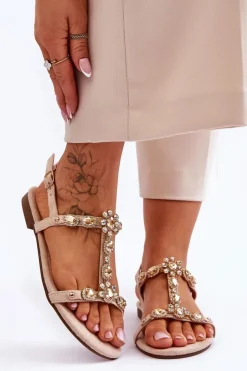 New Boto Zamszowe Sandały Damskie Z Kamieniami Beżowe Calabrio