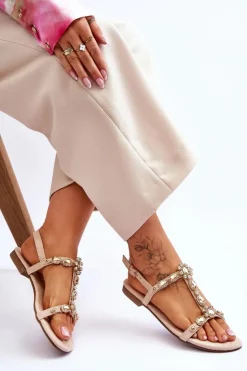 New Boto Zamszowe Sandały Damskie Z Kamieniami Beżowe Calabrio