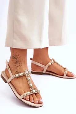 New Boto Zamszowe Sandały Damskie Z Kamieniami Beżowe Calabrio