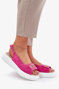 Damskie Damskie buty S.Barski Zamszowe Sandały Damskie Ze Złotym Detalem S.Barski GR51-604 Fuksja