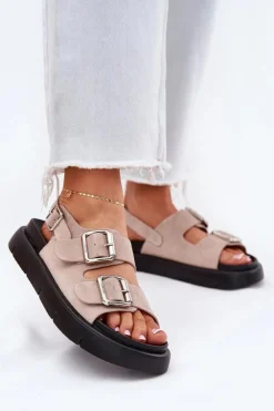 Outlet Big Star Shoes Zamszowe Sandały Damskie Z Klamrami Big Star RR274663 Jasnoróżowe Różowy