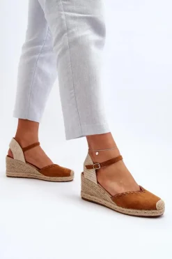 Boto Sandały Na Koturnie*Zamszowe Sandały Espadryle Na Koturnie Z Plecionką Camel Raylin