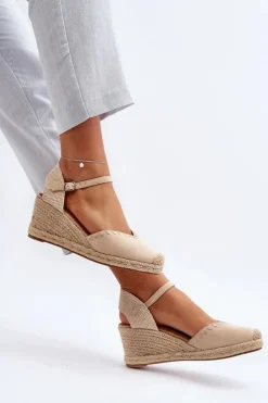 Boto Sandały Na Koturnie*Zamszowe Sandały Espadryle Na Koturnie Z Plecionką Beżowe Raylin