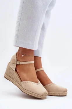 Boto Sandały Na Koturnie*Zamszowe Sandały Espadryle Na Koturnie Z Plecionką Beżowe Raylin