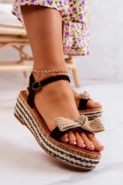 Boto Sandały Na Koturnie*Zamszowe Sandały Espadryle Z Kokardą Czarne Torrance