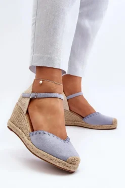 Boto Zamszowe Sandały Espadryle Na Koturnie Z Plecionką Niebieskie Raylin