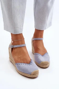 Boto Zamszowe Sandały Espadryle Na Koturnie Z Plecionką Niebieskie Raylin