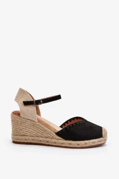 Damskie Boto Zamszowe Sandały Espadryle Na Koturnie Z Plecionką Czarne Raylin
