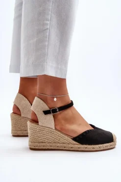 Damskie Boto Zamszowe Sandały Espadryle Na Koturnie Z Plecionką Czarne Raylin