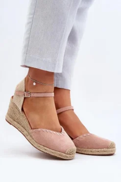 Damskie Boto Zamszowe Sandały Espadryle Na Koturnie Z Plecionką Różowe Raylin