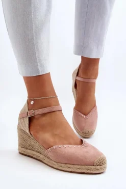 Damskie Boto Zamszowe Sandały Espadryle Na Koturnie Z Plecionką Różowe Raylin