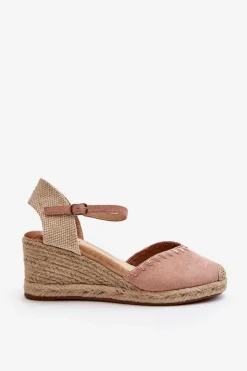Damskie Boto Zamszowe Sandały Espadryle Na Koturnie Z Plecionką Różowe Raylin
