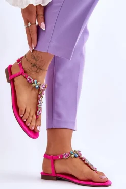 Boto Sandały Płaskie*Zamszowe Sandały Japonki Z Kamieniami Różowe Frency