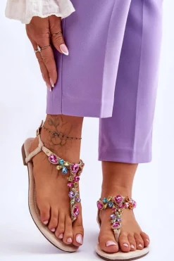 Boto Zamszowe Sandały Japonki Z Kamieniami Beżowe Frency