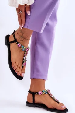 Damskie Boto Zamszowe Sandały Japonki Z Kamieniami Czarne Frency