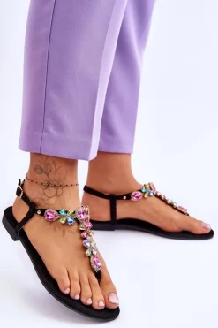 Damskie Boto Zamszowe Sandały Japonki Z Kamieniami Czarne Frency