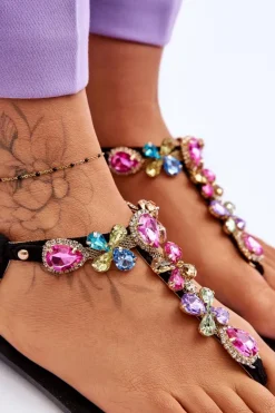 Damskie Boto Zamszowe Sandały Japonki Z Kamieniami Czarne Frency