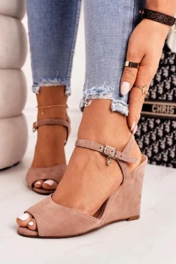 Laura Messi Sandały Na Koturnie*Zamszowe Sandały Na Koturnie 2253 Pudrowy Róż