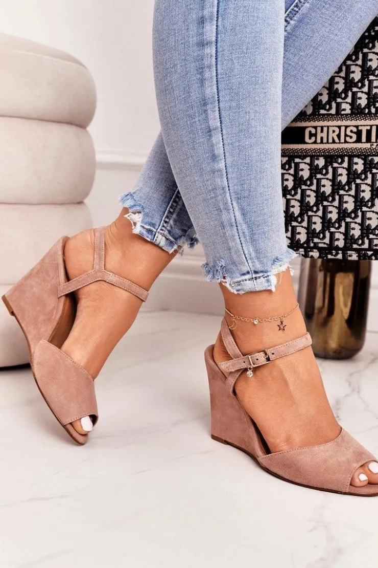 Laura Messi Sandały Na Koturnie*Zamszowe Sandały Na Koturnie 2253 Pudrowy Róż