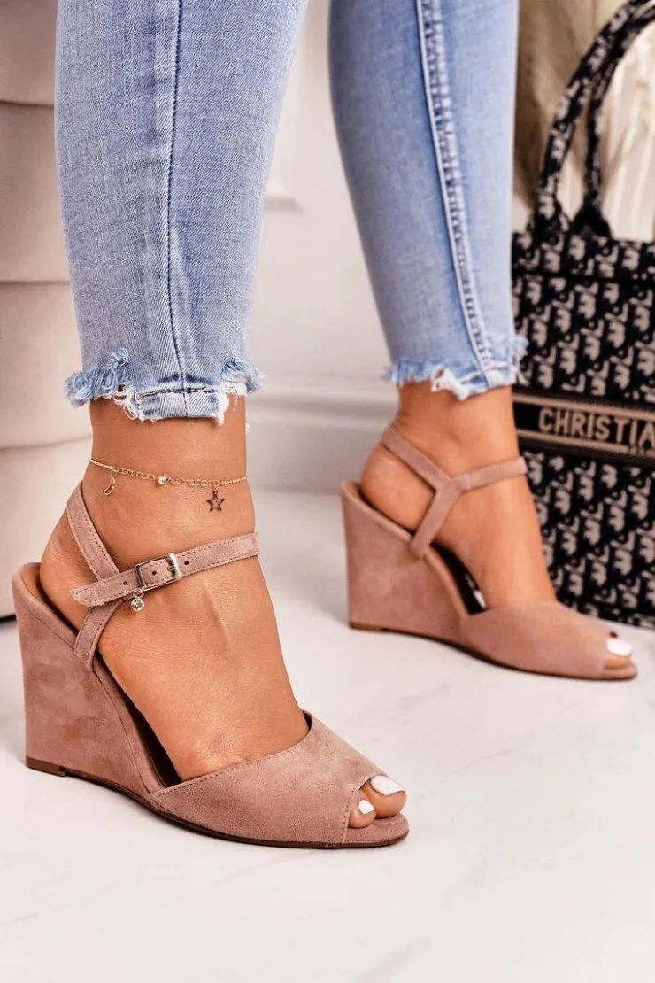 Laura Messi Sandały Na Koturnie*Zamszowe Sandały Na Koturnie 2253 Pudrowy Róż