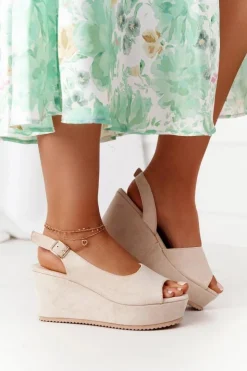 Outlet Boto Zamszowe Sandały Na Koturnie Beżowe Party Time