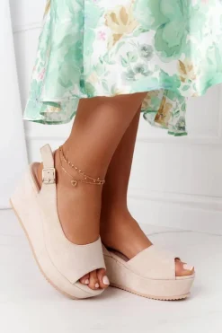 Outlet Boto Zamszowe Sandały Na Koturnie Beżowe Party Time