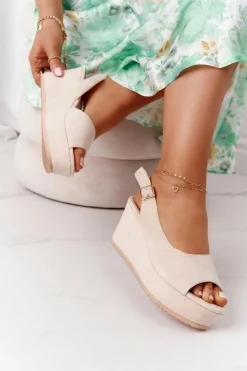 Outlet Boto Zamszowe Sandały Na Koturnie Beżowe Party Time