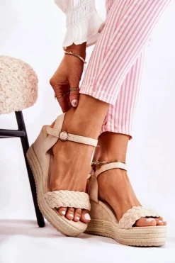 Boto Sandały Na Koturnie*Zamszowe Sandały Na Koturnie Beżowe Gabriela