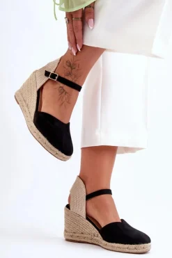 Damskie Boto Zamszowe Sandały Na Koturnie Czarne Selfoss